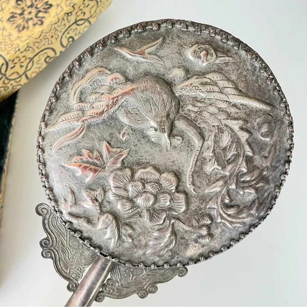 Vintage hand held vanity mirror jade handle silver tone birds floral metal